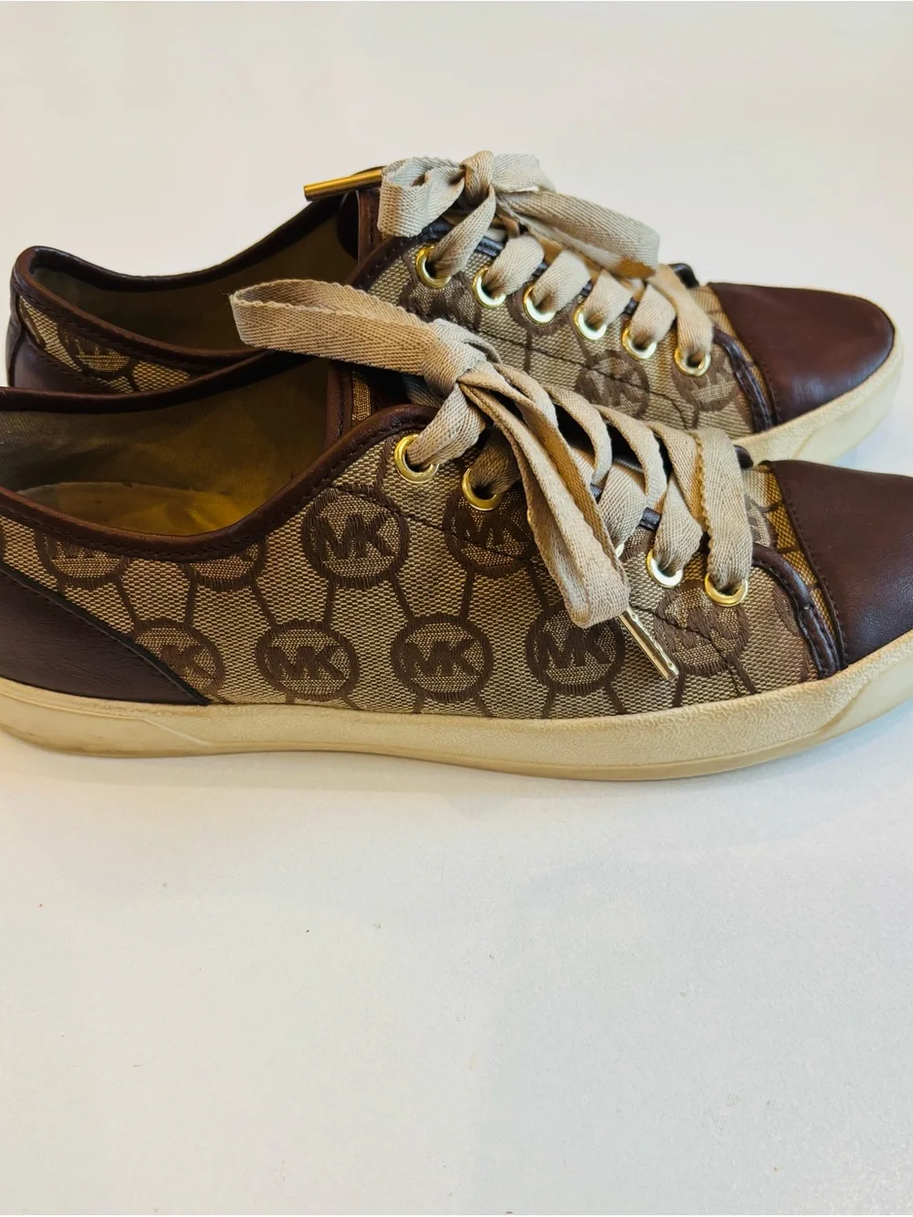 Michael Kors Beige Monogram Canvas Sneakers with Brown Leather Trim size 7.5